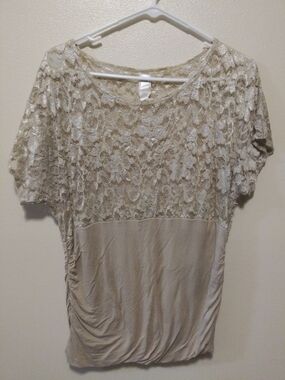 Beige Lace-Overlay Short Sleeve Blouse - Women